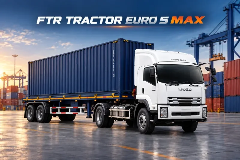 ภาพจำลอง FTR TRACTOR EURO 5 MAX กับหางพ่วงพื้นเรียบ 2 เพลาบรรทุกตู้แห้ง