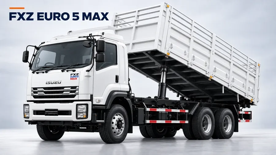 ภาพจำลอง ISUZU FXZ กระบะดัมพ์คอกยกขึ้นด้วยกระบอกไฮดรอลิกยิงกลางใต้กระบะ พร้อมข้อความ FXZ EURO 5 MAX