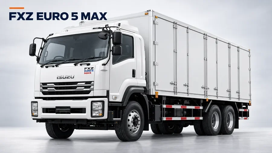 ภาพจำลอง ISUZU FXZ พร้อมตู้แห้งเปิดข้าง และข้อความ FXZ EURO 5 MAX