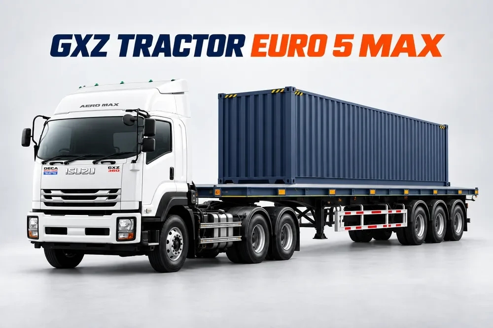 ภาพประกอบ AI รถหัวลาก Isuzu GXZ พร้อมหางพ่วงพื้นเรียบ 3 เพลาบรรทุกตู้แห้ง
