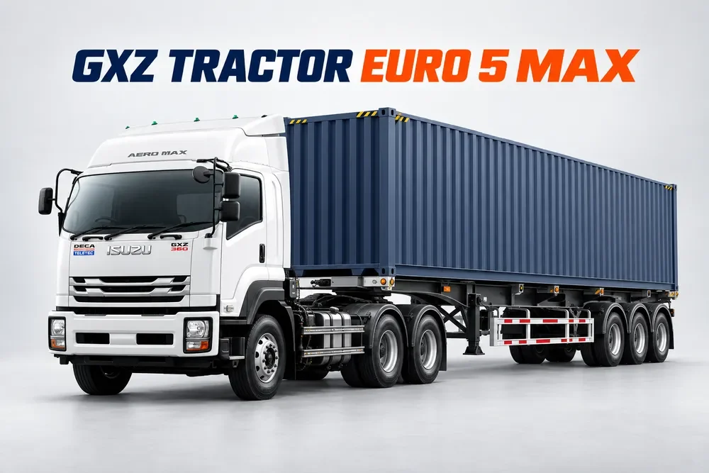 ภาพประกอบ AI รถหัวลาก Isuzu GXZ พร้อมหางพ่วงก้างปลา 3 เพลาบรรทุกตู้แห้ง