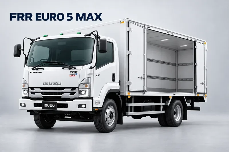 ภาพสร้างด้วย AI ของ Isuzu FRR 6 ล้อ ตู้แห้งเปิดข้าง พร้อมข้อความ FRR EURO 5 MAX