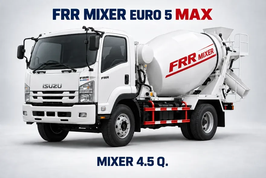 ภาพจำลอง AI รถโม่ปูน FRR MIXER 4.5 คิว พร้อมป้าย FRR บนหัวเก๋ง และข้อความ FRR MIXER EURO 5 MAX