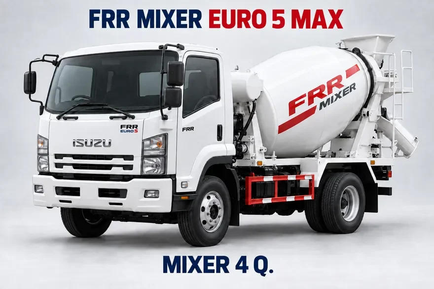 ภาพจำลอง AI รถโม่ปูน FRR MIXER 4 คิว พร้อมป้าย FRR บนหัวเก๋ง และข้อความ FRR MIXER EURO 5 MAX