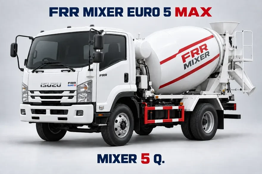 ภาพจำลอง AI รถโม่ปูน FRR MIXER 5 คิว พร้อมป้าย FRR บนหัวเก๋ง และข้อความ FRR MIXER EURO 5 MAX