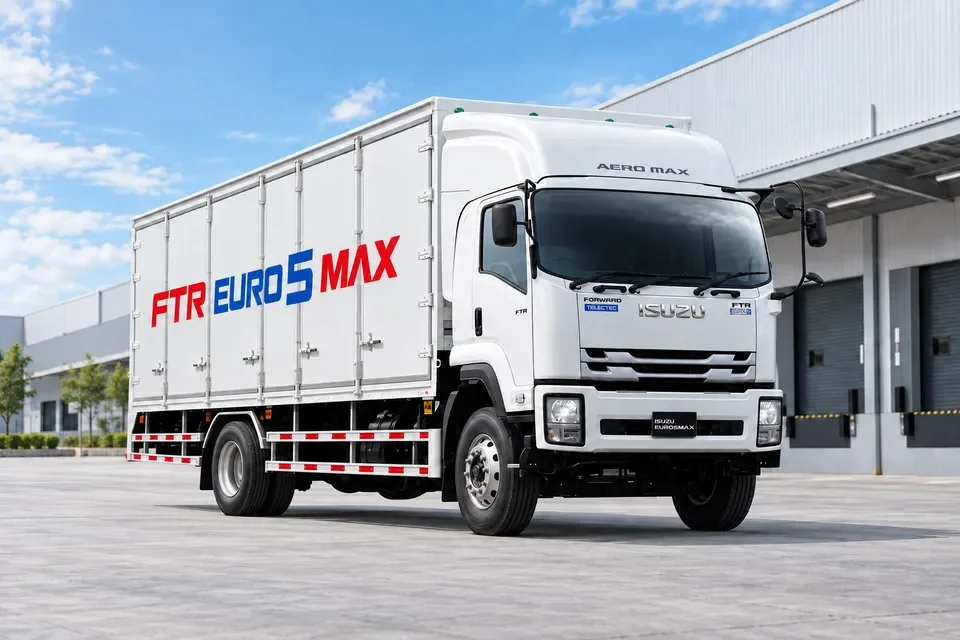 ภาพสร้างด้วย AI ของ Isuzu FTR สองเพลา 6 ล้อ ตู้แห้งเปิดข้าง พร้อมข้อความ FTR EURO 5 MAX