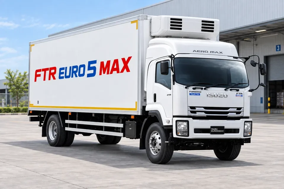ภาพสร้างด้วย AI ของ Isuzu FTR สองเพลา 6 ล้อ ตู้ควบคุมอุณหภูมิ พร้อมข้อความ FTR EURO 5 MAX