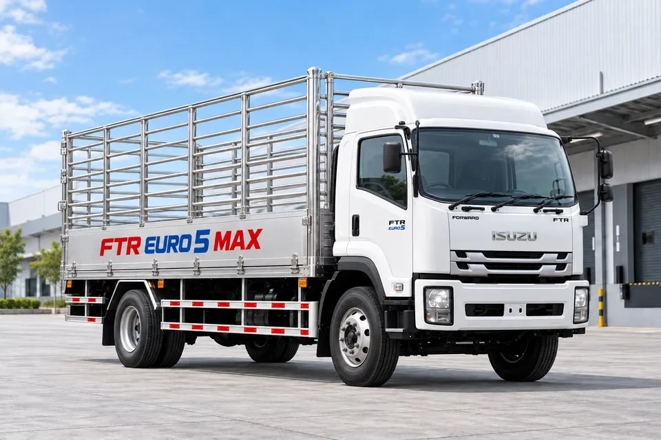 ภาพสร้างด้วย AI ของ Isuzu FTR สองเพลา 6 ล้อ กระบะคอกสแตนเลส พร้อมข้อความ FTR EURO 5 MAX