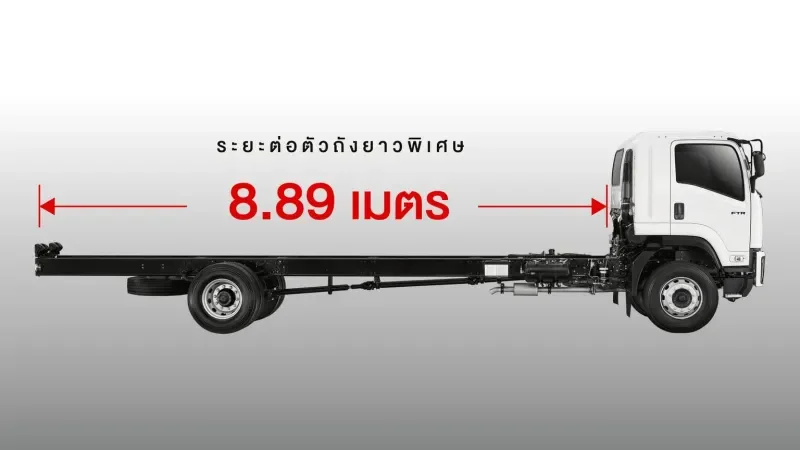 ภาพด้านข้างแชสซีส์ FTR พร้อมระบุระยะต่อตัวถัง 8.89 เมตร
