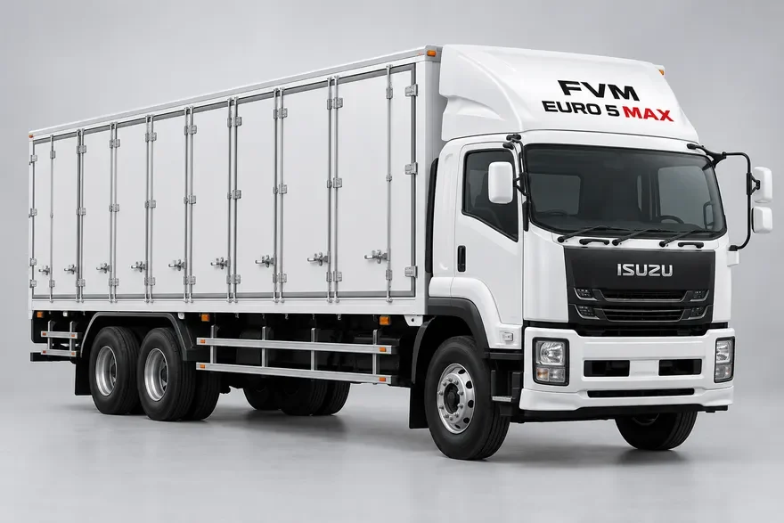 ภาพสร้างด้วย AI ของรถ FVM สามเพลา 10 ล้อ ตู้แห้งเปิดข้าง พร้อมข้อความ FVM EURO 5 MAX