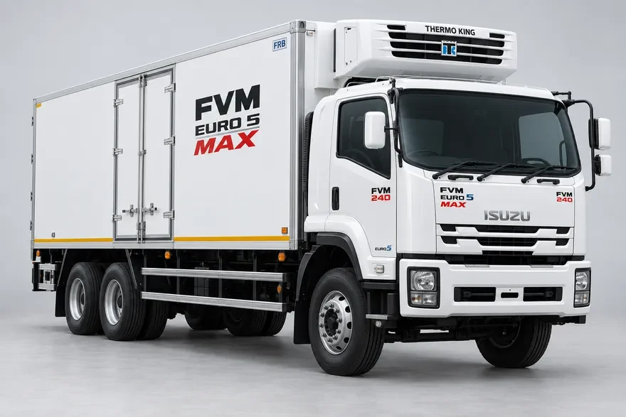 ภาพสร้างด้วย AI ของรถ FVM สามเพลา 10 ล้อ ตู้ควบคุมอุณหภูมิ พร้อมข้อความ FVM EURO 5 MAX