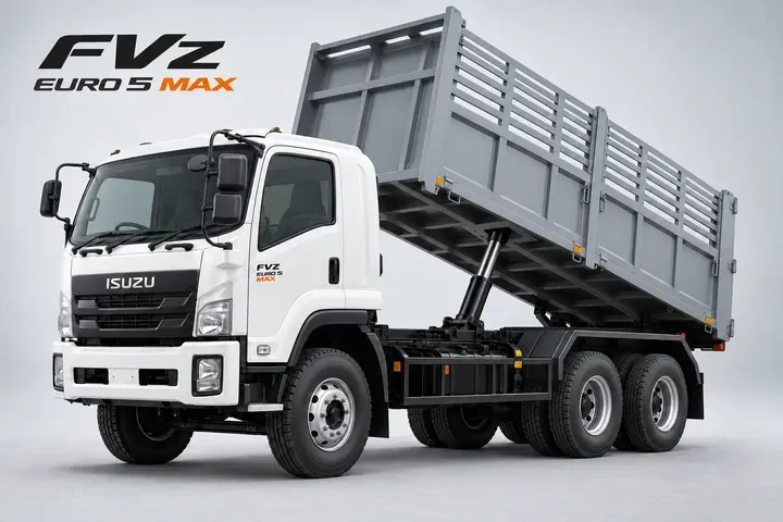 ภาพสร้างด้วย AI ของ Isuzu FVZ 10 ล้อ กระบะดัมพ์คอกแบบกระบอกยิงกลางใต้กระบะ พร้อมข้อความ FVz EURO 5 MAX