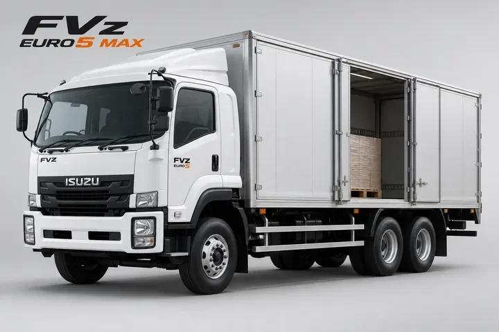 ภาพสร้างด้วย AI ของ Isuzu FVZ 10 ล้อ ตู้แห้งเปิดข้าง พร้อมข้อความ FVz EURO 5 MAX