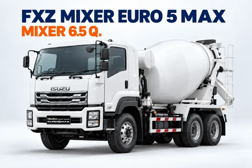 ภาพจำลอง AI รถโม่ปูน 10 ล้อ 6.5 คิว พร้อมป้าย ISUZU KING OF TRUCKS EURO 5 MAX ตามต้นฉบับ ไม่มีข้อความบนประตู