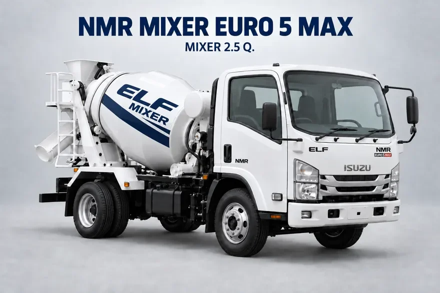 ภาพจำลอง Isuzu NMR MIXER 2.5 Q. สีขาว มีตรา NMR EURO 5 MAX ที่หน้ารถและลาย ELF MIXER บนถังโม่