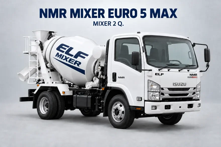 ภาพจำลอง Isuzu NMR MIXER 2 Q. สีขาว มีตรา NMR EURO 5 MAX ที่หน้ารถและลาย ELF MIXER บนถังโม่