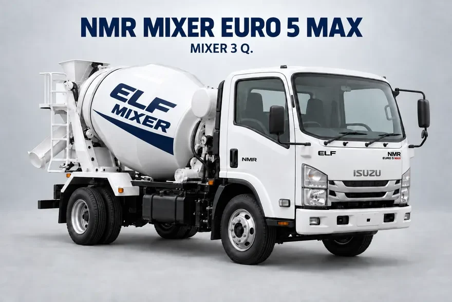 ภาพจำลอง Isuzu NMR MIXER 3 Q. สีขาว มีตรา NMR EURO 5 MAX ที่หน้ารถและลาย ELF MIXER บนถังโม่