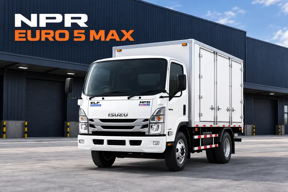 ภาพประกอบ AI รถ Isuzu NPR โฉม EURO 5 แบบตู้แห้งหรือตู้เปิดข้าง พร้อมข้อความ NPR EURO 5 MAX