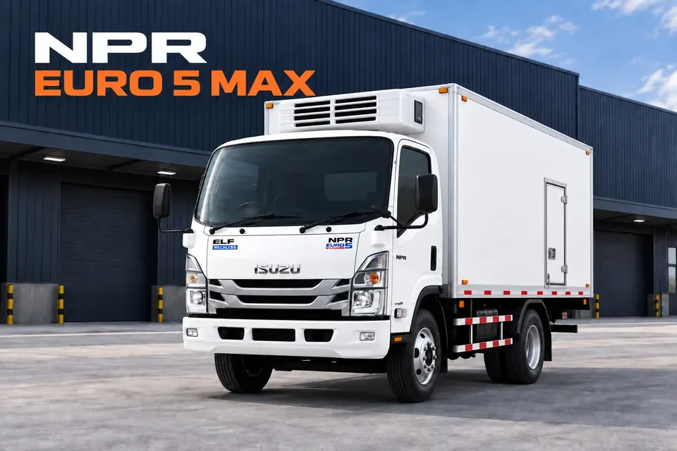 ภาพประกอบ AI รถ Isuzu NPR โฉม EURO 5 แบบตู้ควบคุมอุณหภูมิพร้อมเครื่องทำความเย็น พร้อมข้อความ NPR EURO 5 MAX